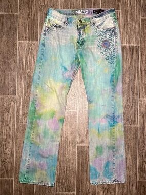 Jimmy’z Low Rise Loose Straight Tie Dye Jeans Distressed Mens 32x32 Hippie Love